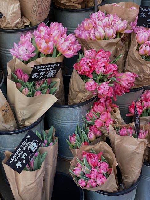 A display of fresh pink tulip bouquets arranged in light brown kraft paper wraps, placed inside metallic buckets at a flower shop. The tulips exhibit various shades of pink, from pale to vibrant, with