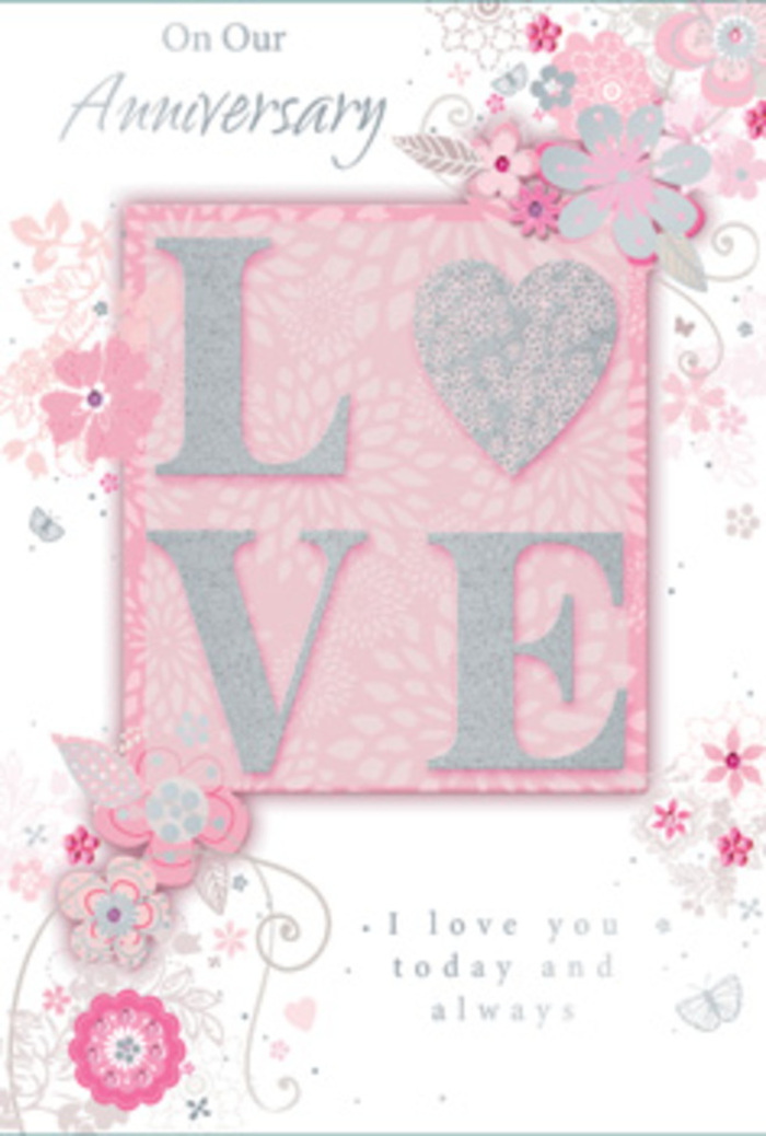 This anniversary card unfolds like a softly spoken promise, the kind a couple in Bowes Park might exchange after years of shared mornings and quiet evenings. The central motif, the word LOVE, appears in tall, confident letters, each one gently raised from the card so it can be traced with a fingertip. A fine dusting of glitter in silvery tones settles over the letters, catching and reflecting light in tiny flashes, reminiscent of morning frost along the paths near Bowes Park station. The background behind this word is a warm blush pink, gradually fading into lighter, pearly tones towards the edges, giving the impression of light radiating from the centre. Surrounding the lettering, a garden of hand-drawn flowers and wispy leaves sweeps gracefully across the surface. The blossoms are rendered in delicate shades of pink, ivory, and pale lilac, with subtle hints of silver outlining petals and veins. Their swirling stems and trailing vines echo the natural flow of a florist arranging roses, lisianthus, and soft greenery for an anniversary bouquet. Tiny decorative curls, almost like filigree, weave between the blossoms, lending a touch of romance and whimsy. The sentiment inside, set in a graceful, understated typeface, speaks of loving today and always, mirroring the enduring affection that anniversaries celebrate. Though the card is made only of paper, its careful detail and layered textures evoke the tenderness of fresh petals and the intimacy of a hand-delivered bouquet from a local Bowes Park florist, making it a beautifully poetic way to honour another year together.